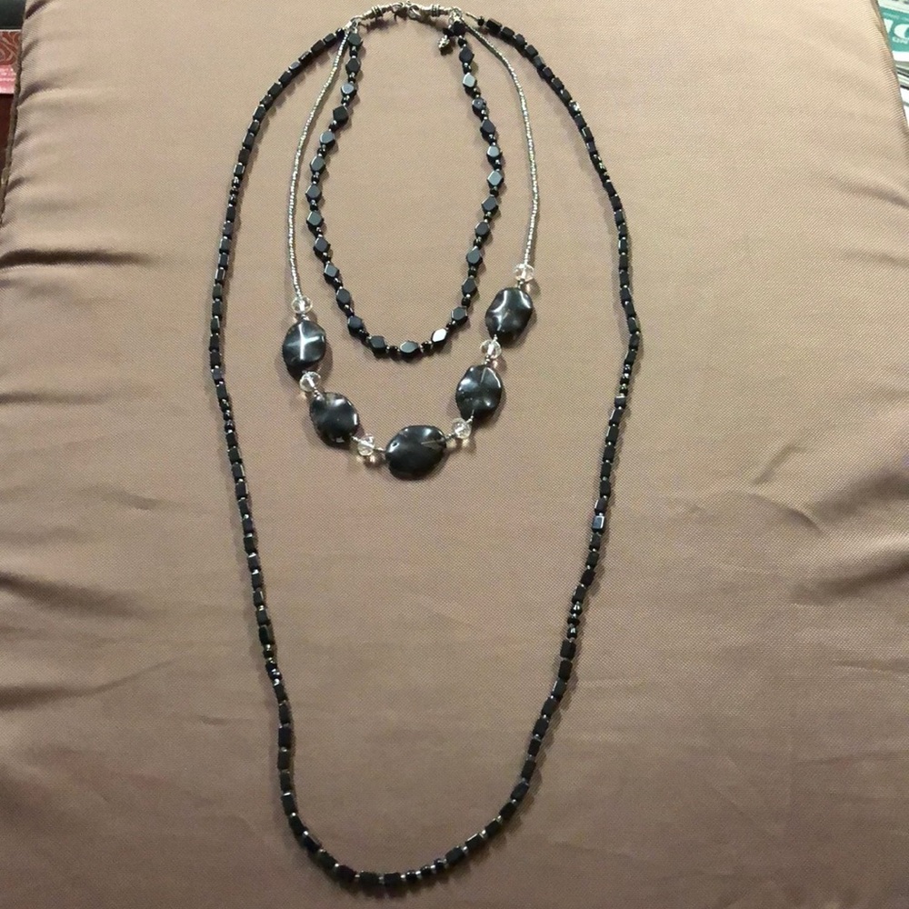 Vintage triple layer necklace- Onyx/Quartz..